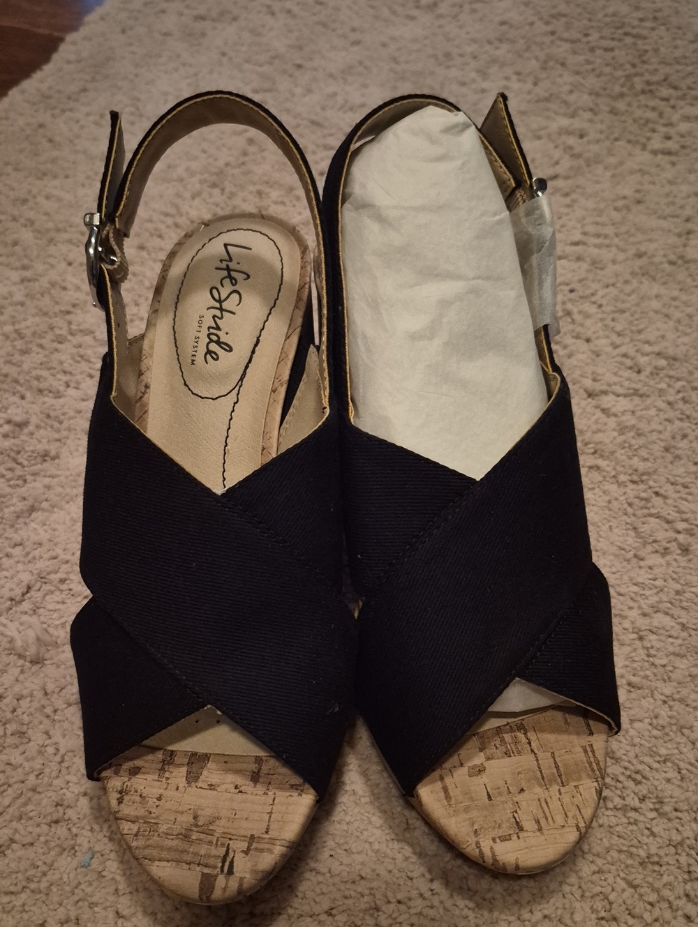 Life Stride Black Crisscross Cork-Platform Wedge Sandals